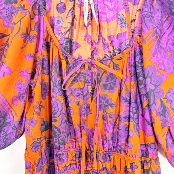 Anthropologie Somerset Floral Puff Sleeve Tiered Maxi Dress Orange Purple S Boho - Picture 4 of 11